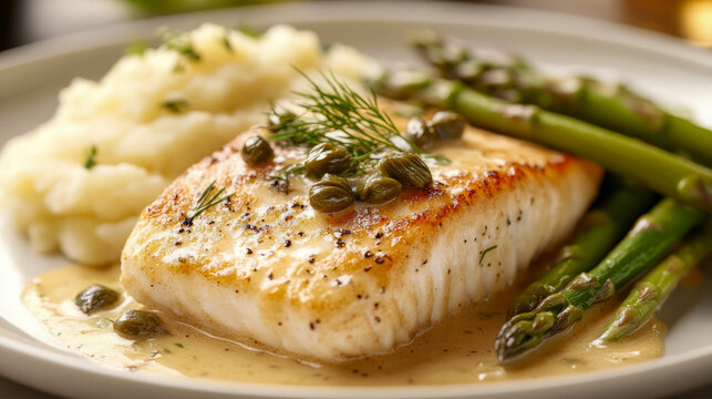 Grilled fish fillet with caper sauce, asparagus, and mashed potatoes on a plate