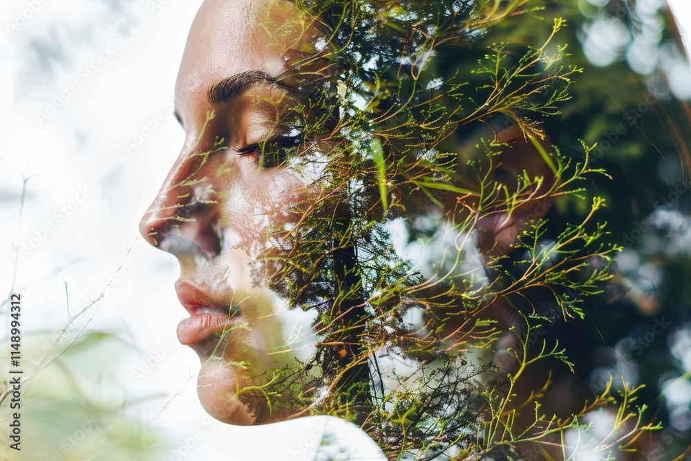 Poster artistic representation of a woman's profile blended with nature elements during a serene moment in 