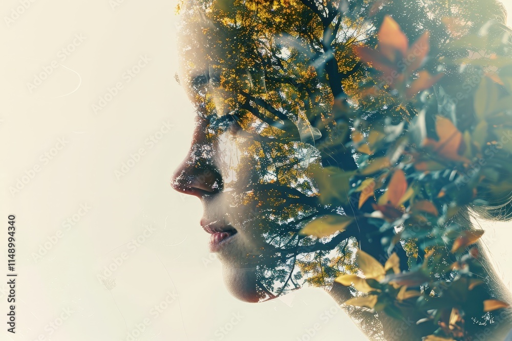 Aufkleber artistic representation of a woman's profile blended with nature elements during a serene moment in 