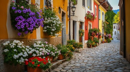 Fototapeta premium Colorful European Alleyway with Vibrant Flowers