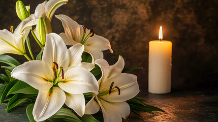 White lilies and candle in tranquil setting with soft lighting