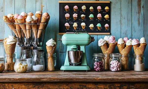 Ice Cream Parlor Setup: A Delightful Display of Homemade Ice Cream Cones, Ingredients, and Vintage Mixer
