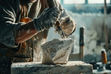 Skilled artisan chiseling marble sculpture of a classic figure in a workshop setting during the day