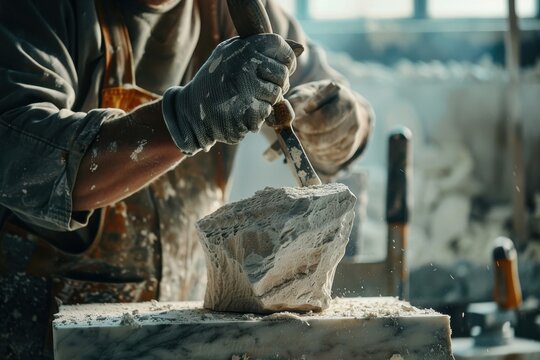 Skilled artisan chiseling marble sculpture of a classic figure in a workshop setting during the day