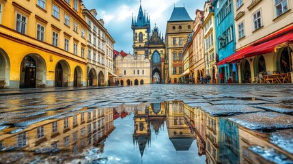 Fototapeta premium Prague's Colorful Cityscape Reflected in a Puddle