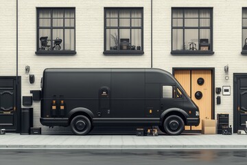 A sleek black delivery van parked outside a modern residential building.