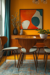 Salle à Manger Vintage et Pop avec Tapisserie Abstraite, Chaises Retapissées et Buffet Rétro