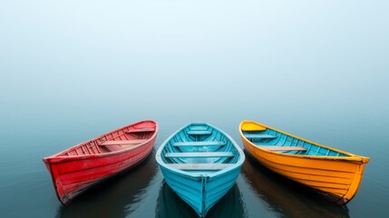 Fog hovering over small fishing boats docked near a village shore