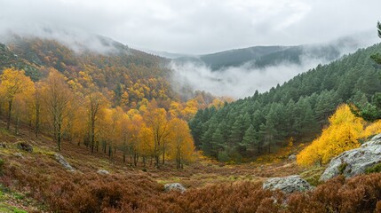 Serene Autumn Landscape with Yellow Trees and Misty Mountains