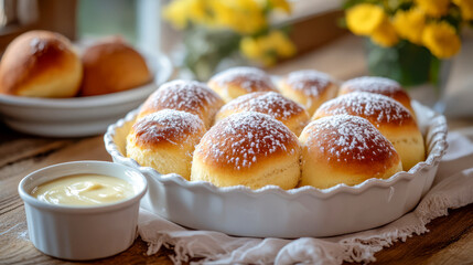 Freshly baked brioche buns in a dish with powdered sugar and cream in a rustic kitchen setting
