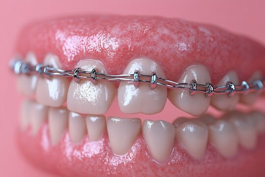 A close-up of a set of teeth with braces, highlighting dental treatment.
