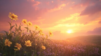Sunset Over Flower Field with Beautiful Daisies and Soft Light