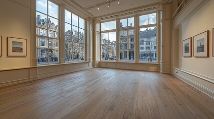 Fototapeta premium A spacious gallery with large windows showcasing a city view and wooden flooring.