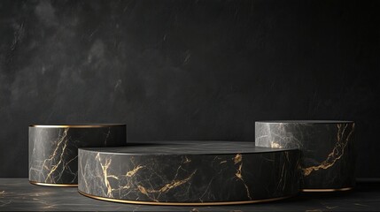 close up of empty black marble round cylinder pedestal display or podium platform   