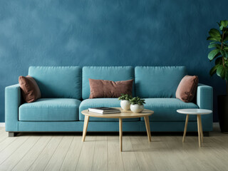 modern living room with blue textured wall