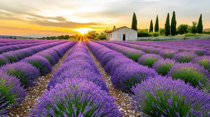 Fototapeta premium Blooming lavender rows at sunset with stone cottage and cypress trees