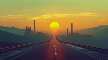 Surreal sunset over endless industrial highway with silhouette of factories