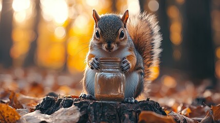 Fototapeta premium A squirrel holds a jar in a forest, surrounded by autumn leaves and warm sunlight.