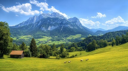 Obraz premium Serene Alpine Valley Landscape with Sheep