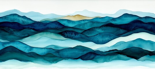 Obraz premium Tranquil Blue Mountain Landscape With Atmospheric Light, Abstract Alcohol Ink Wash Painting