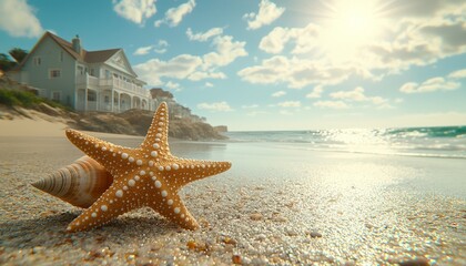 Starfish and Seashell Resting on a Sunny Beach Near a House