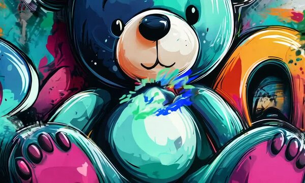 Colorful graffiti style teddy bear with vibrant paint splashes and bold lettering on an artistic background