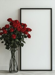 Obraz premium Red Roses and Black Frame Mockup: A bouquet of vibrant red roses stands gracefully in a clear vase beside a sleek, black framed canvas.