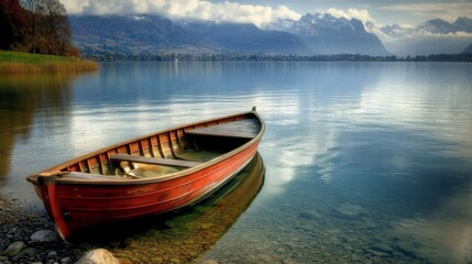 Fototapeta premium Serene Lakeside Scene with a Red Boat