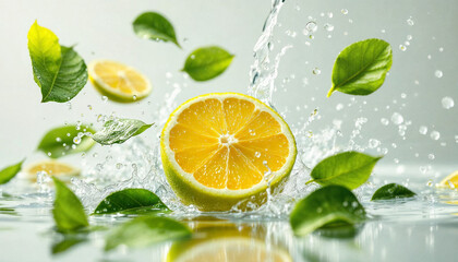 Fresh lemon and leaves create a splash in water, showcasing vibrant colors and dynamic movement during a bright day