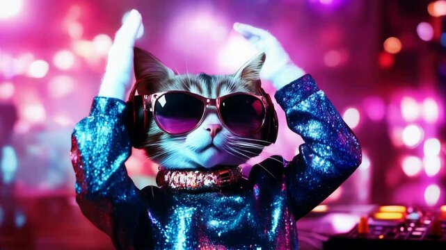 disc jockey dj kitten at work playing records in night club