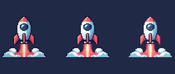 Pixel art of a rocket ship launching into the sky white with red accents and circular window solid dark blue background