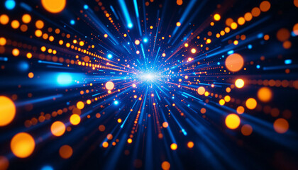 Fototapeta premium Dynamic explosion of blue and orange light particles creating a vibrant visual effect in a cosmic space