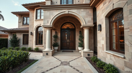 Exterior View of Residential Entrance with Stone Facade and Landscaping