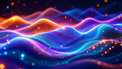 Obraz premium Colorful waves of light create a mesmerizing display in a vibrant digital landscape