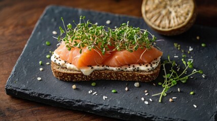 Healthy Salmon Rye Bread Sandwich with Cream Cheese and Microgreens 