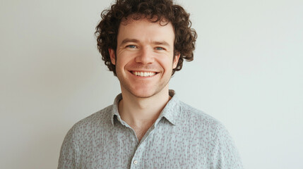 Obraz premium Lächelnder Mann mit lockigem Haar vor neutralem Hintergrund