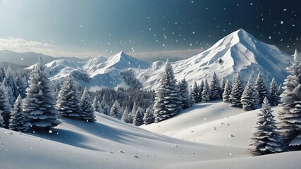 Obraz premium Paisaje invernal sereno con montañas nevadas y pinos, bajo una ligera nevada en un cielo despejado, ideal para proyectos de diseño y temas de naturaleza