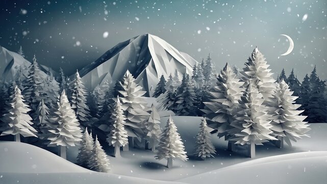 Paisaje nocturno de invierno con monta&ntilde;as y &aacute;rboles nevados bajo un cielo estrellado y luna creciente, ideal para proyectos de dise&ntilde;o y temas de naturaleza