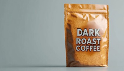 Close-Up of Dark Roast Coffee Packaging, Isolated on Grey Background with Copy Space.