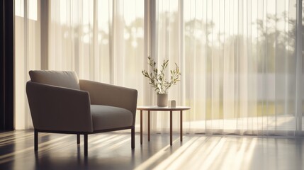 Fototapeta premium Modern minimalist room with refined, simple furnishings. Featuring a spacious, uncluttered design