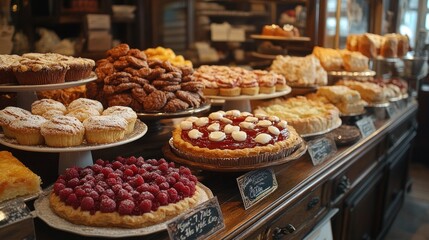 A display of various delicious pastries and desserts in a bakery setting.