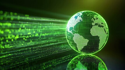 Green digital Earth with motion trails on dark background. Technology and sustainability