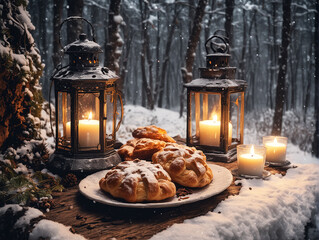 Christmas gingerbread with glowing candles