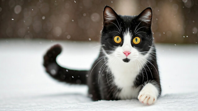 Black-furred Anggora cat playing in winter