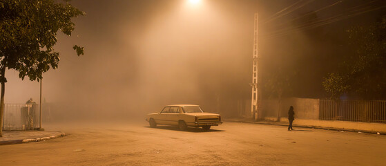 Foggy night street with vintage car and lone figure under streetlight