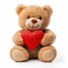 Cute Teddy Bear holding red heart isolated on white