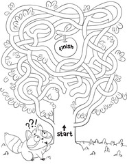 Help the Raccoon go through trees maze and get an apple. Children logic game to pass the maze. Educational game for kids. Choose right path. Funny cartoon character. Worksheet page. Coloring book