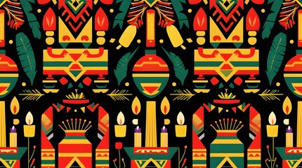 Dynamic and Colorful Seamless Pattern Blending African Tribal Designs with Kwanzaa Symbols like Candles, Unity Cups, and Maize in Rich Red, Green, Black, and Yellow Hues