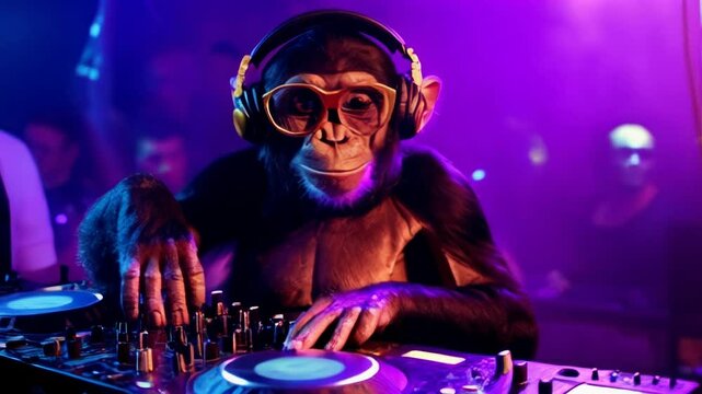 A fashionable monkey DJ donning sleek sunglasses is fully immersed in the vibrant nightlife scene, mixing music