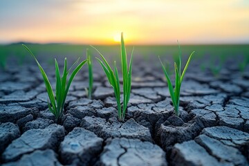 Close-up of cracked dry soil with fresh green sprouts emerging, symbolizing growth and hope in harsh conditions